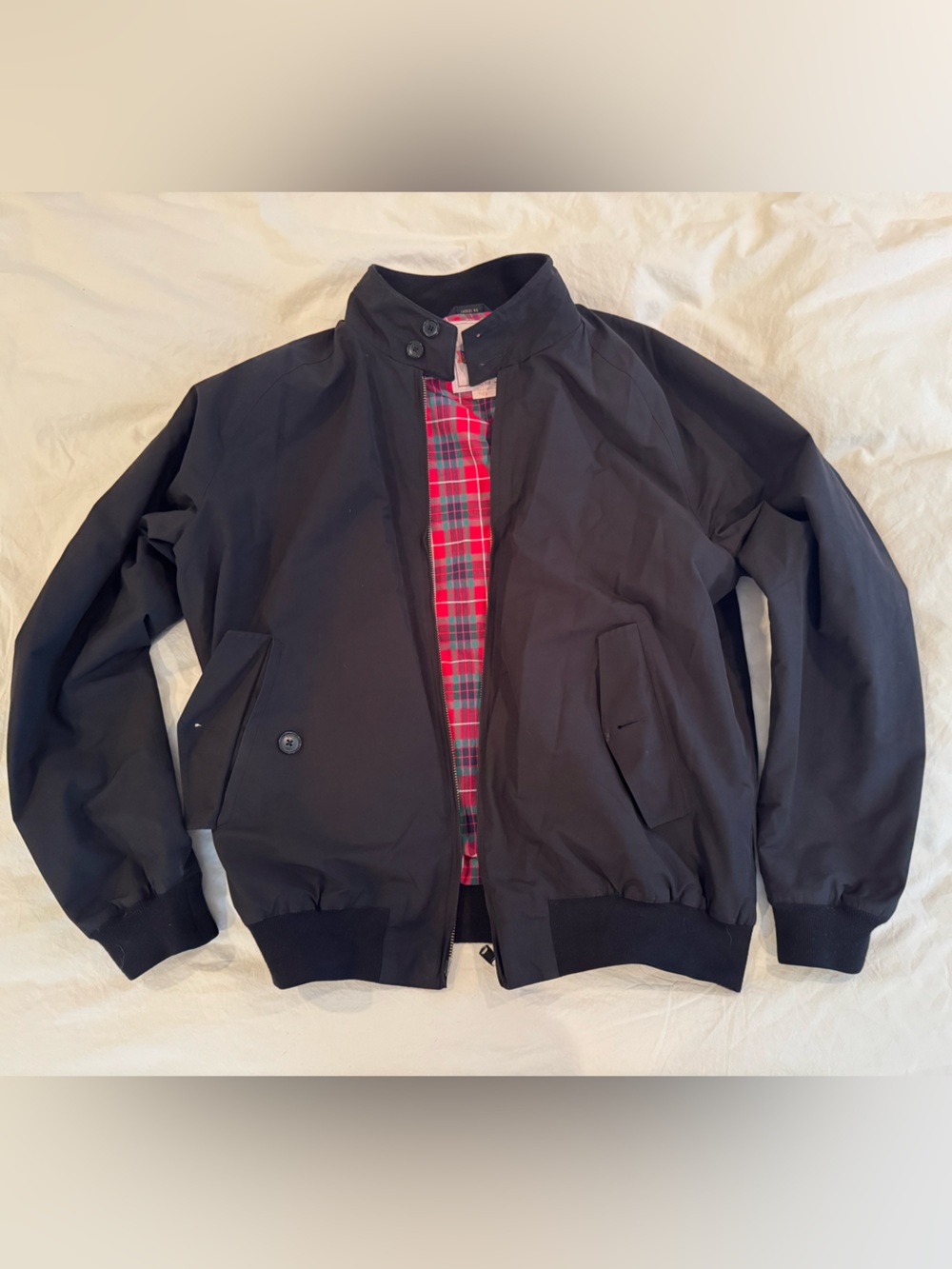 Men's Black Bomber Jacket with Red Plaid Lining